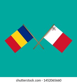 Romania and Malta crossed flags.Language learning or travel concept. flat design.