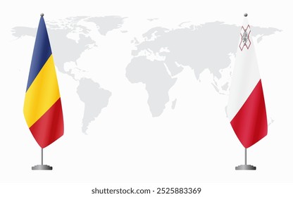 Banderas de Rumania y Malta para reunión oficial en el contexto del mapa mundial.