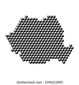 Romania map from 3D black cubes isometric abstract concept, square pattern, angular geometric shape. Vector illustration.