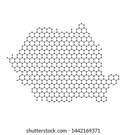 Romania map from abstract futuristic hexagonal shapes, lines, points black, in the form of honeycomb or molecular structure. Vector illustration.
