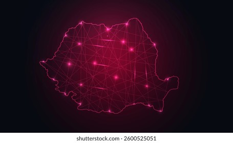 Romania Map - Abstract geometric mesh polygonal network line, structure and point scales on dark background with lights in the form of cities. Vector illustration eps 10.
