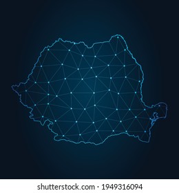 romania Map Abstract mash line and point scales on dark background. Wire Frame 3D mesh polygonal network line.