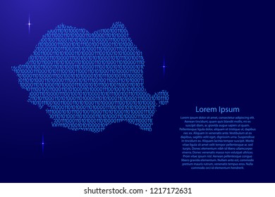 Romania map abstract schematic from blue ones and zeros binary digital code with space stars for banner, poster, greeting card. Vector illustration.