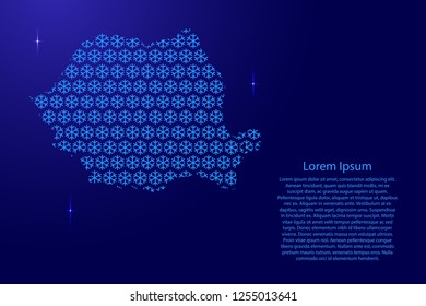 Romania map abstract schematic from snowflake blue pattern decoration Christmas and Happy New Year with space stars for banner, poster, greeting card. Vector illustration.