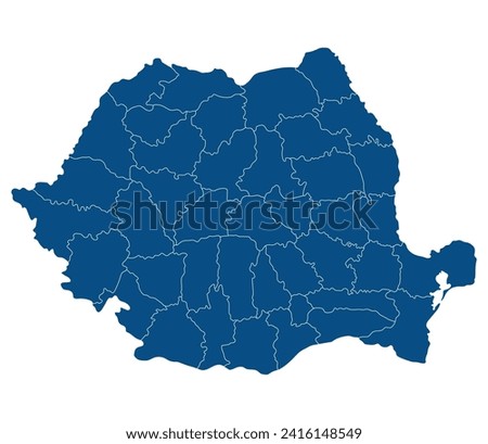 Romania map. Map of Romania in administrative provinces in blue color