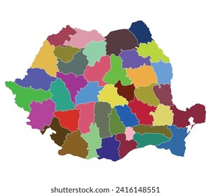 Romania map. Map of Romania in administrative provinces in multicolor