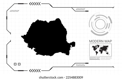 Romania map of black digital frame HUD, GUI, UI interface technology radar vector.