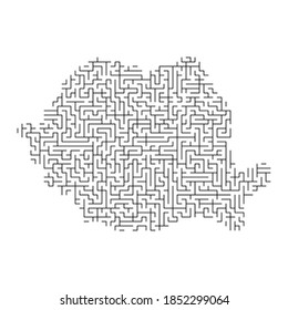Romania map from black pattern of the maze grid. Vector illustration.