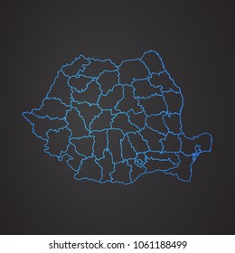 Romania map: blue glitter outline with sparkling stars on dark background.