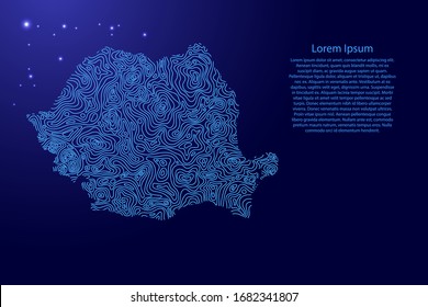 Mapa rumano de las cepas azules o líneas de nivel geográfico mapa topográfico y estrellas espaciales brillantes. Ilustración vectorial.
