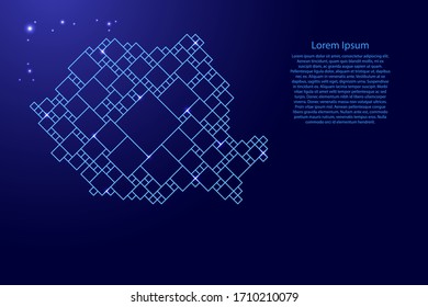 Romania map from blue pattern from a grid of squares of different sizes and glowing space stars. Vector illustration.