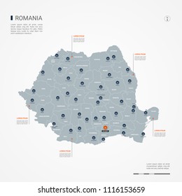 Mapa de Rumania con fronteras, ciudades, la capital Bucarest y divisiones administrativas. Mapa vectorial infográfico. Las capas editables están claramente etiquetadas.