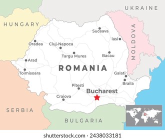 Romania map with capital Bucharest, most important cities and national borders