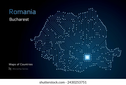Romania Map with a capital of Bucharest Shown in a Microchip Pattern. E-government. World Countries vector maps. Microchip Series	