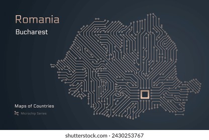 Romania Map with a capital of Bucharest Shown in a Microchip Pattern. E-government. World Countries vector maps. Microchip Series	