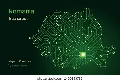 Rumania Mapa con la capital de Bucarest en un patrón de microchip. Gobierno electrónico. Mapas vectoriales de Países Mundiales. Serie de microchips	
