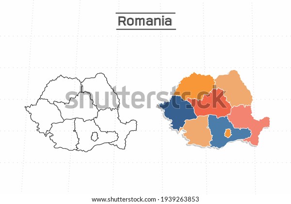 Romania map city vector\
divided by colorful outline simplicity style. Have 2 versions,\
black thin line version and colorful version. Both map were on the\
white background.