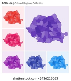Romania map collection. Country shape with colored regions. Deep Purple, Red, Pink, Purple, Indigo, Blue color palettes. Border of Romania with provinces for your infographic. Vector illustration.