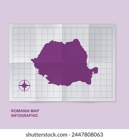 Romania map country in folded grid paper
