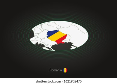 Romania map in dark color, oval map with neighboring countries. Vector map and flag of Romania