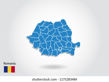 Romania map design with 3D style. Blue Romania map and National flag. Simple vector map with contour, shape, outline, on white.