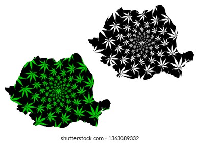 Romania - map is designed cannabis leaf green and black, Romania map made of marijuana (marihuana,THC) foliage,