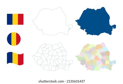 Romania map. Detailed blue outline and silhouette. Administrative divisions and counties. Country flag. Set of vector maps. All isolated on white background. Template for design.