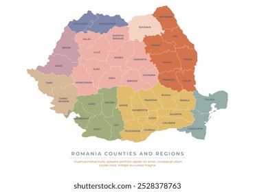 Mapa de Rumania con condados y regiones detallados, aislados sobre fondo blanco para presentaciones, Sitios web, infografías, educación, informes