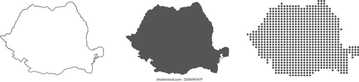 Romania map detailed in outline, grey color, dotted style.