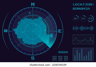 Romania Map Display With Target Radar and Sonar In Digital Monitor