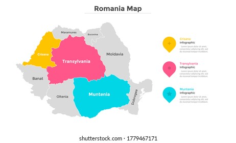 Mapa de Rumania dividido en estados federales. Territorio de país con fronteras regionales. División administrativa rumana. Plantilla de diseño infográfico. Ilustración vectorial para guía turística, pancarta.