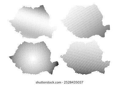 Romênia mapa pontilhado modelos pretos. Mapa pontilhado de meio-tom do país da Romênia para apresentações, infográficos, relatórios, cartazes