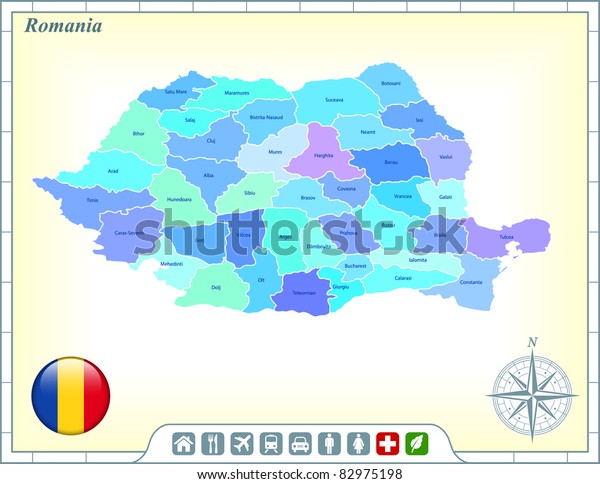 Romania Map with Flag Buttons and\
Assistance & Activates Icons Original\
Illustration