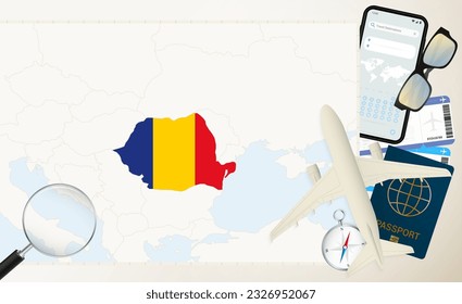 Romania map and flag, cargo plane on the detailed map of Romania with flag, passport, magnifying glass and airplane. Vector template.