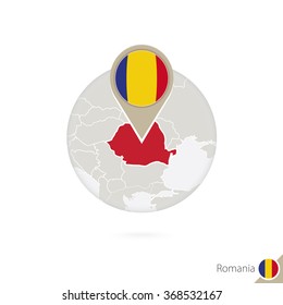 Romania map and flag in circle. Map of Romania, Romania flag pin. Map of Romania in the style of the globe. Vector Illustration.