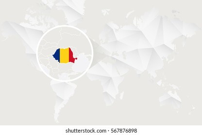 Romania map with flag in contour on white polygonal World Map. Vector Illustration. 