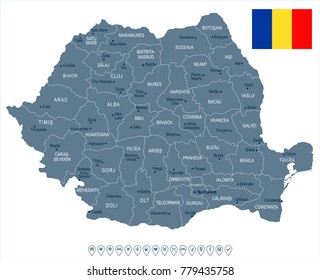 Romania map and flag - High Detailed Vector Illustration