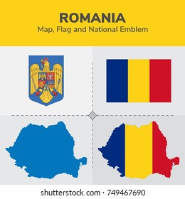 Romania Map, Flag and National Emblem 