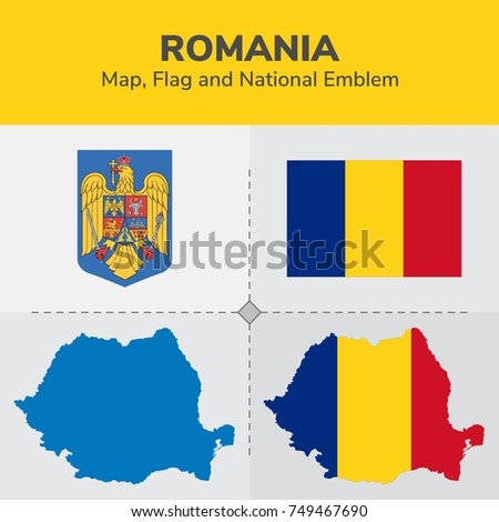 Romania Map, Flag and National Emblem 