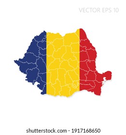 Mapa de Rumania con bandera y sombra aislada en fondo blanco. Ilustración del vector EPS10.