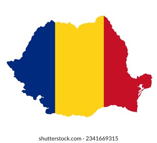 Ilustración de silueta vectorial de bandera de Rumania aislada en fondo blanco. Muy detallado. Mapa de la bandera de Rumania. País balcánico. Estado en Europa, miembro de la UE. Rumania da forma a la sombra. Símbolo nacional.