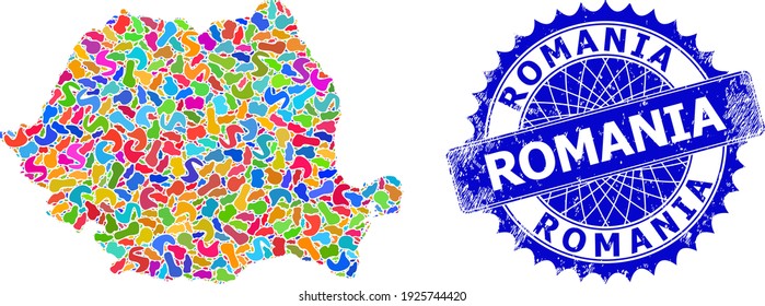 Romania map flat illustration. Blot collage map and unclean mark for Romania. Sharp rosette blue badge with text for Romania map. Collage vector Romania map is created with randomized colored spots.
