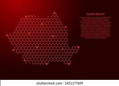 Romania map from futuristic hexagonal shapes, lines, points red and glowing stars in nodes, form of honeycomb or molecular structure for banner, poster, greeting card. Vector illustration.