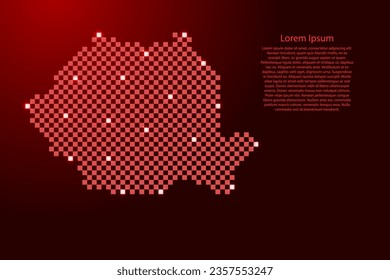 Romania map from futuristic red checkered square grid pattern and glowing stars for banner, poster, greeting card