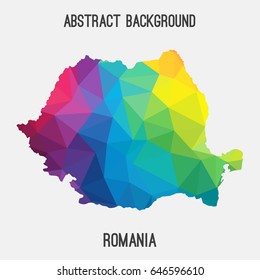 Romania map in geometric polygonal,mosaic style in rainbow colors.Abstract tessellation,modern design background,low poly. Vector illustration.