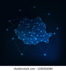 Romania map glowing silhouette outline made of stars lines dots triangles, low polygonal shapes. Communication, internet technologies concept. Wireframe futuristic design. Vector illustration