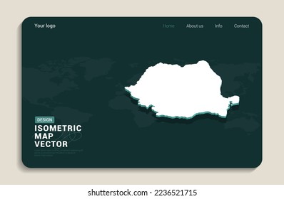 Romania map green background with isometric vector. Web banner layout template.