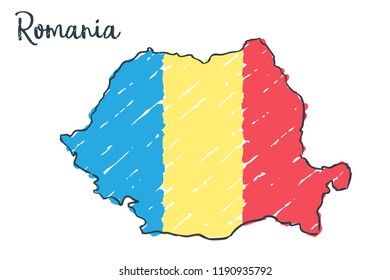 Romania map hand drawn sketch. Vector concept illustration flag, children's drawing.