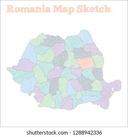Romania map. Hand-drawn country. Astonishing sketchy Romania map with regions. Vector illustration.