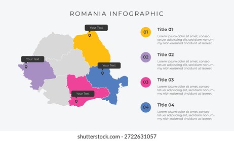 Rumänien Karte Infografik Vorlage mit 4 Optionen. Rumänien Verwaltungskarte Infografik zur Präsentation.